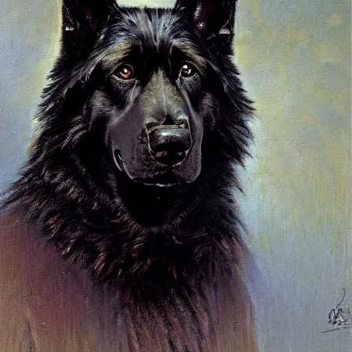 Image similar to a portrait of a black german shepard dogman canine star trek officer. highly detailed painting by gaston bussiere, craig mullins, j. c. leyendecker, furry