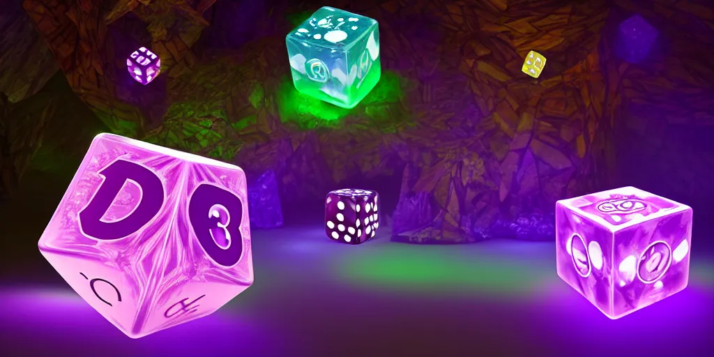 Prompt: giant magical 3 d d 6 casino dice cube amethyst, glowing, energy radiating, fantasy forest in the background, 4 k detailed, by shaddy safadi and cam sykes and james paick