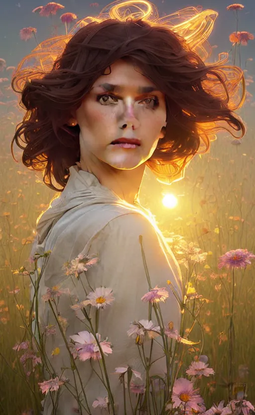 Image similar to sleepy sun face, flowers field, highly detailed, digital painting, concept art, smooth, sharp focus, illustration, art by artgerm and greg rutkowski and alphonse mucha