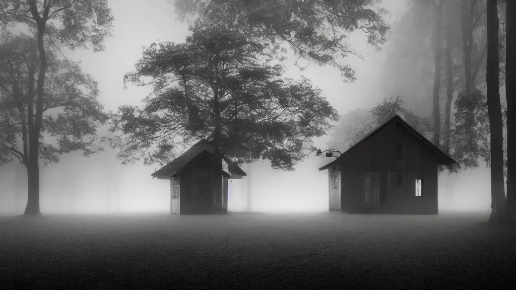 Image similar to a beautiful wooden house with a large tree nearby and street lights on, fog, volumetric lighting, mystique, atmospheric, sharp focus, ultra detailed, noir art house, 4 k, 3 5 mm