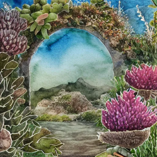 Prompt: delicate coastline mountain garden on paper, stony, puffy, botanical herbarium, botanic watercolors, iridescent, 8 k wide angle, realistic shaded, fine details, artstation, italian, rainbow, colonnade, oak, pinecone, pomegranade, vines, gardena architecture, pompeian, sicilian