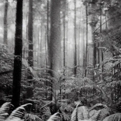 Prompt: lost film footage of a sacred totem, tropical forest, film still, cinematic, out of focus, enhanced, 1 9 2 0 s, black and white, grain