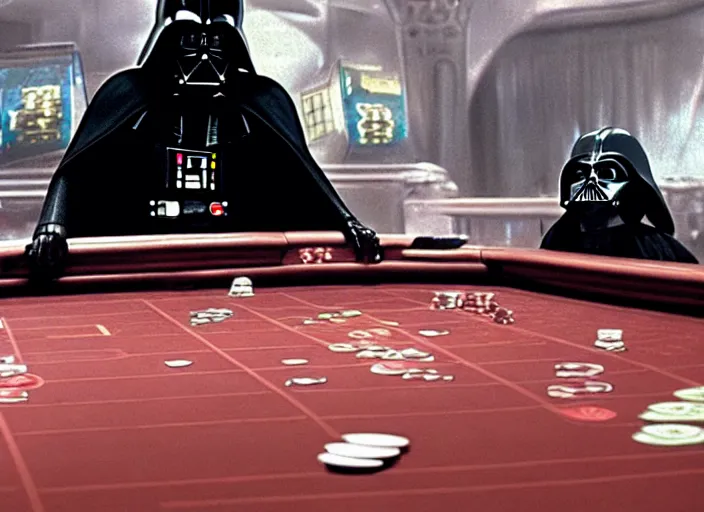 Image similar to film still of Darth Vader gambling in vegas in Star Wars The Empire Strikes Back,