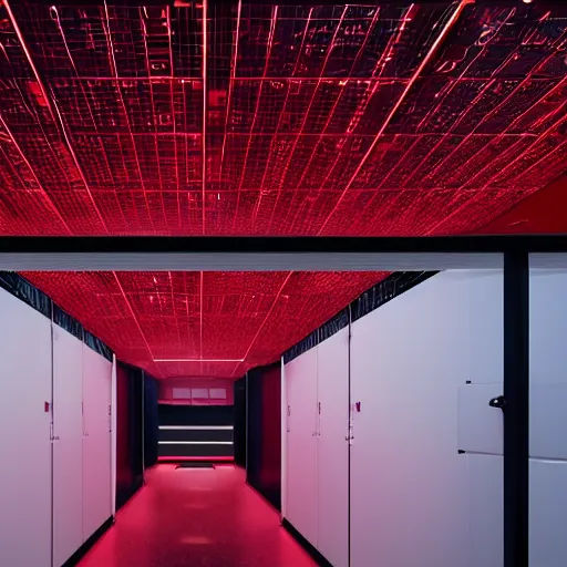 Image similar to evil server room, screen with ai face on it, dark, red lighting