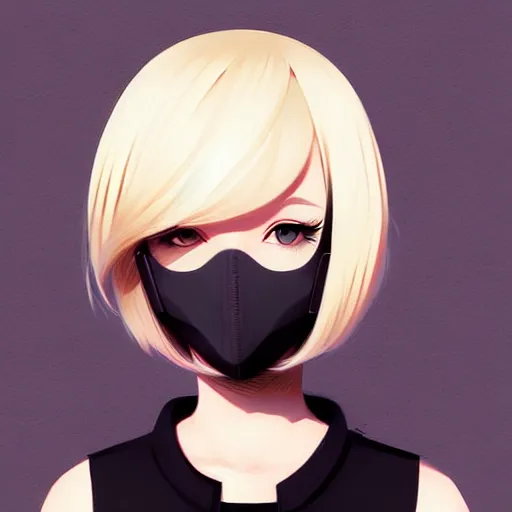 Prompt: urban girl fanart with black facemask, blond bob haircut, muted colors, matte print, pastel colors, ornate, digital art, cute smile, digital painting, fan art, elegant, pixiv, by Ilya Kuvshinov, by Studio Ghibli