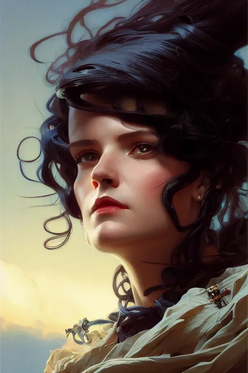 Prompt: sargent and leyendecker and greg hildebrandt highly detailed portrait of a woman with long black hair, swashbuckler, stephen bliss, unreal engine, by greg rutkowski, loish, ferdinand knab, ilya kuvshinov, rossdraws, tom bagshaw, alphonse mucha, global illumination, radiant light, detailed and intricate environment