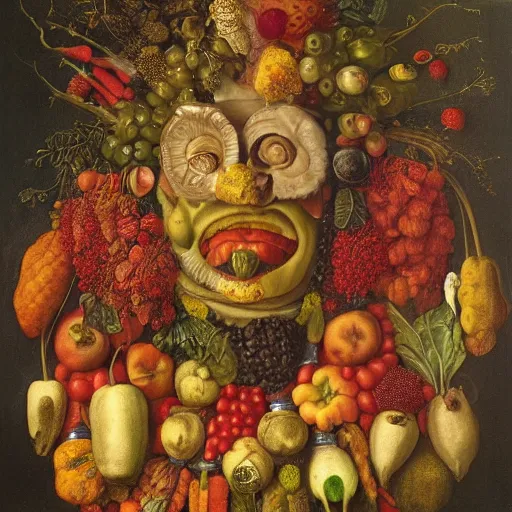 Image similar to a man made out of fruits and vegetables by giuseppe arcimboldo, oil on canvas