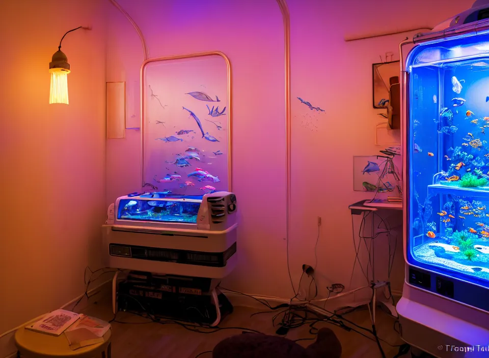 Prompt: telephoto 7 0 mm f / 2. 8 iso 2 0 0 photograph depicting the feeling of insomnia in a cosy cluttered french sci - fi ( art nouveau ) cyberpunk apartment in a pastel dreamstate art cinema style. ( aquarium, computer screens, window ( city ), led indicator, lamp ( ( ( pinball machine ) ) ) ), ambient light.