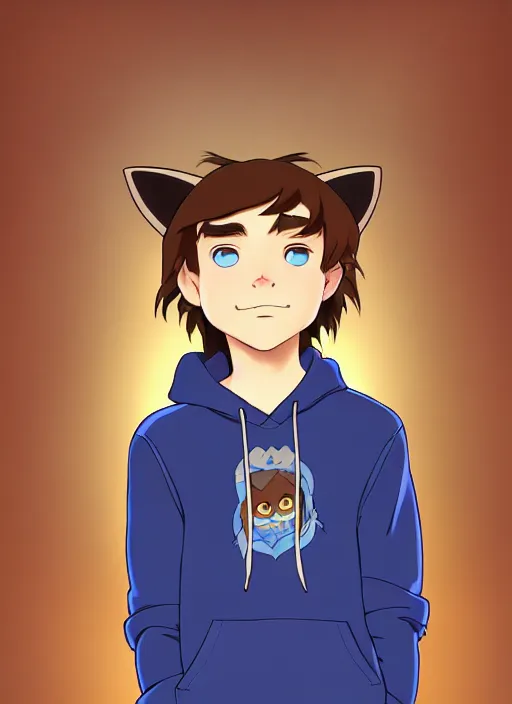 Image similar to teen boy with brown hair and big blue eyes, wearing a black hoodie with cat ears on top of it, natural lighting, path traced, highly detailed, high quality, cartoon, digital painting, by don bluth and ross tran and studio ghibli and alphonse mucha