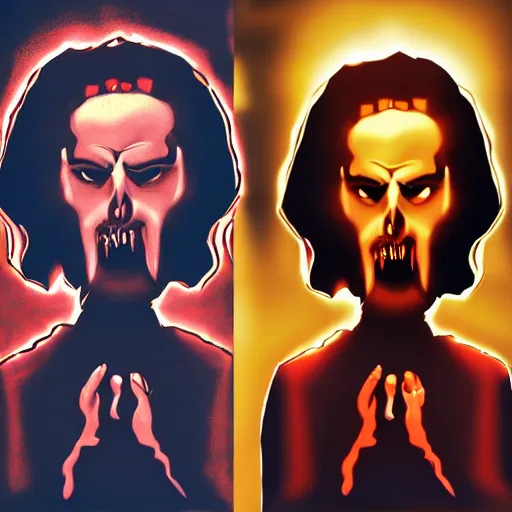 Image similar to the central image is a dracula like face, which appears to be staring directly at the viewer. the sun shines its light down as if it is burning the daylights out of the vampire. a dark background is placed behind it.