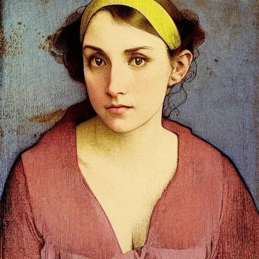 Image similar to portrait of a beautiful young lady with big silver eyes, colored daguerreotype by pontormo, by bosch, by mucha, by Mackintosh, by max ernst, art noveau, liminal, eerie, Bright pastel colors