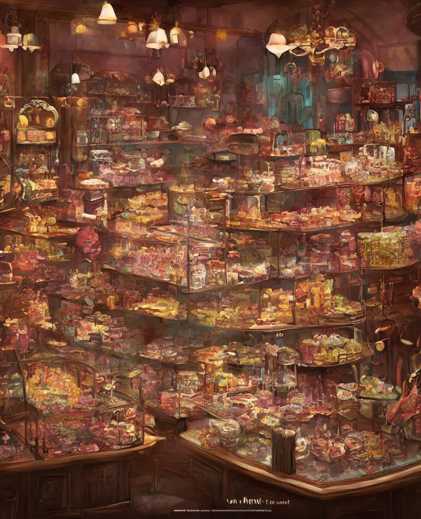 Prompt: Inside an old fashioned sweet shop, fantasy vendor interior, wide angle, cinematic shot, highly detailed, cinematic lighting , photorealistic, trending on cgsociety and unreal engine