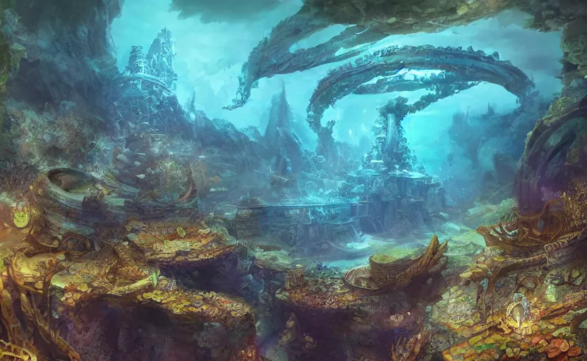 Prompt: sunken underwater temple in the abyss, fish, palladian, doric, illustration, concept art, digital art, colorful, blue, detailed, by yanjun chen, by garry larrson, arstation