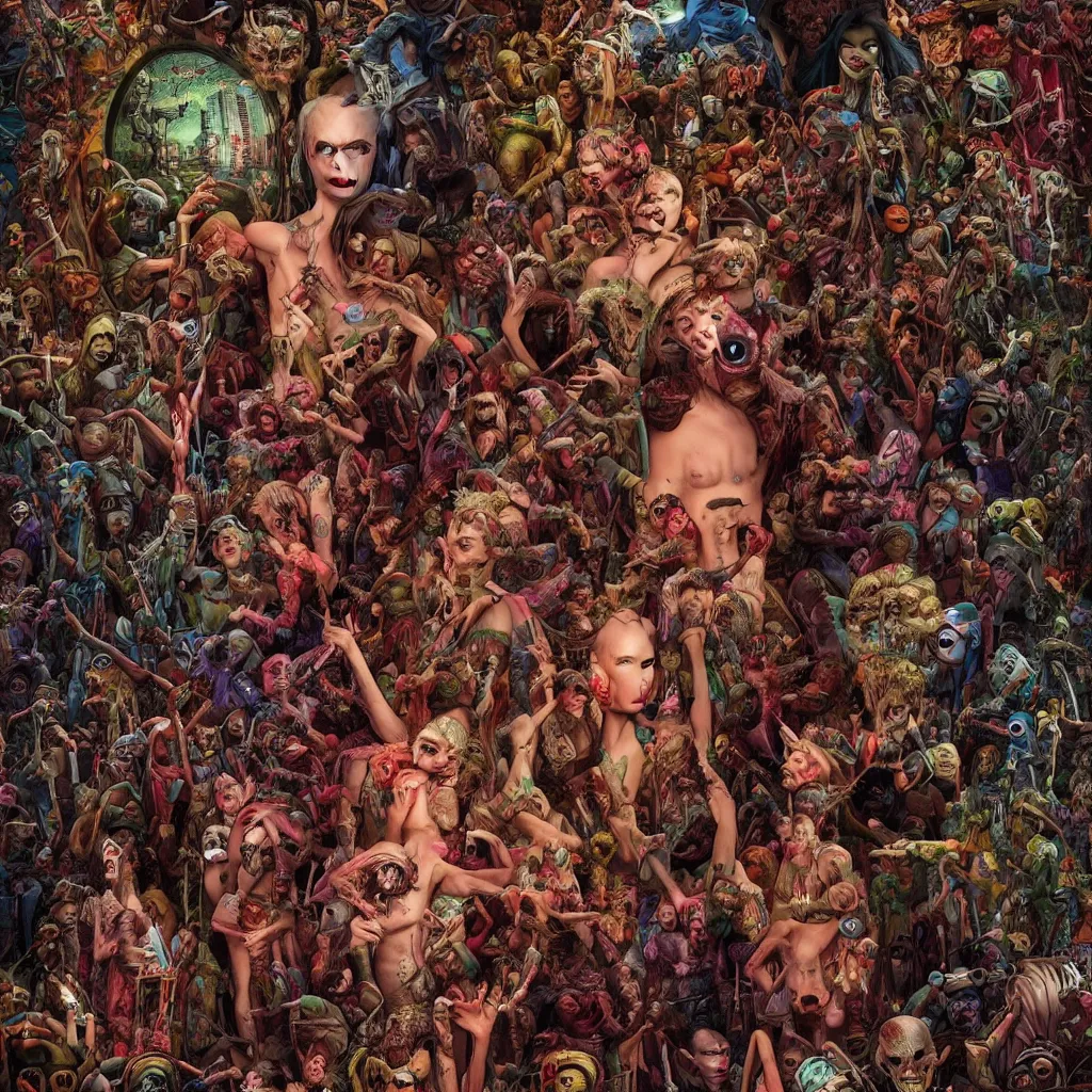 Image similar to 35mm color, humans enslaved by artificial intelligence, portrait, fashion shoot, freak show, weird, random, strange, hyperdetailed, photorealistic, interesting, by David la chapelle and karol bak and david cronenberg and WETA digital, art by Ivan Bilibin, Dariusz Zawadzki , ID magazine, octane rendering, cinematic, hyperrealism, octane rendering, 8k, depth of field, bokeh.