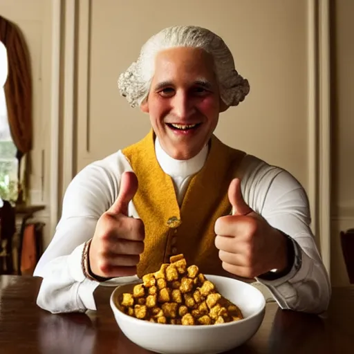 Prompt: George washington eating a bowl of honeycomb and giving a thumbs up with a big cheesy grin in a modern dining room