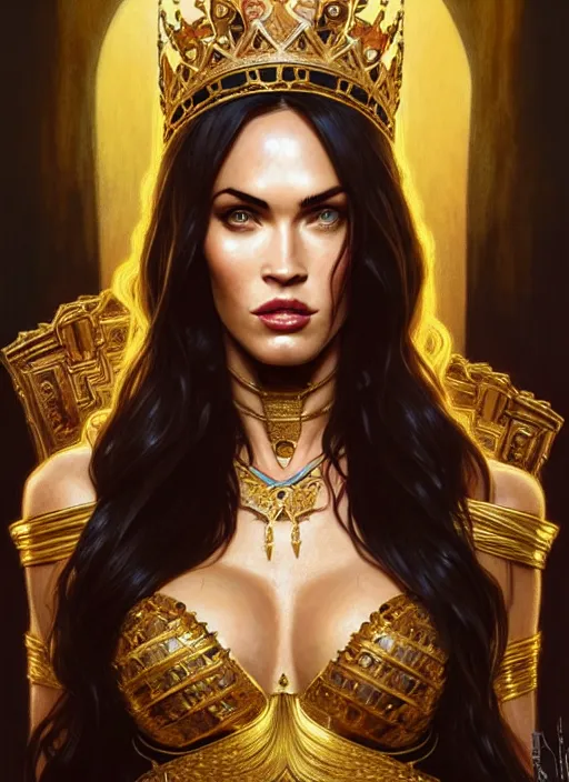 Image similar to portrait of megan fox as a queen, throne, jewelry, greek, yellow, intricate, headshot, highly detailed, digital painting, artstation, concept art, sharp focus, cinematic lighting, illustration, art by artgerm and greg rutkowski, alphonse mucha, cgsociety