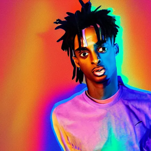 Image similar to playboi carti, photorealistic, detailed face, full body shot, 8 k hd, neon colors, over saturated colors,