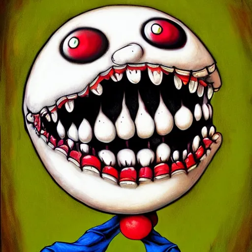 Image similar to grunge cartoon painting of a snake with a wide smile and a red balloon by chris leib, loony toons style, pennywise style, corpse bride style, horror theme, detailed, elegant, intricate