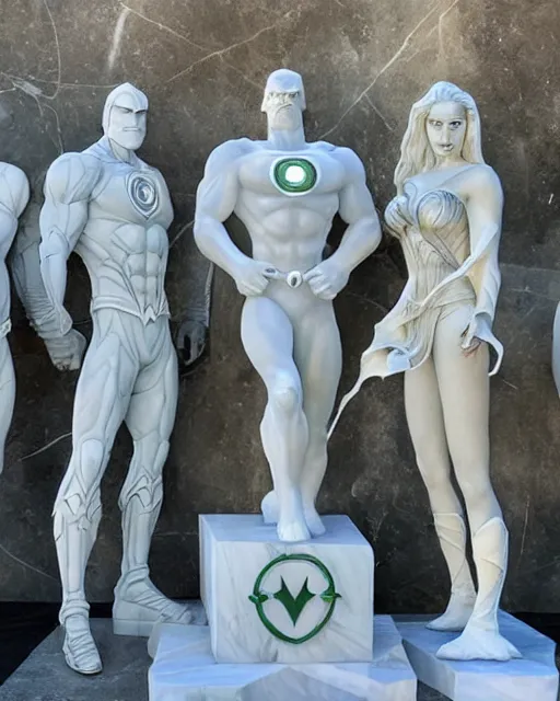Image similar to a giant white marble sculpture depicting the Justice league, detailed, intricate Marble sculptures of Green Lantern, Flash, Superman, Batman, Wonder Woman, Aquaman and Martian Manhunter all carved out of one giant Block of Marble