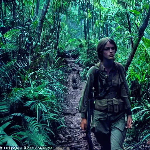 Prompt: film still, portrait, emma watson soldier hiking through dense vietnam jungle, award winning, award winning, award winning, film still from apocalypse now ( 1 9 7 9 ), 2 6 mm, kodak ektachrome, blue tint ektachrome film,