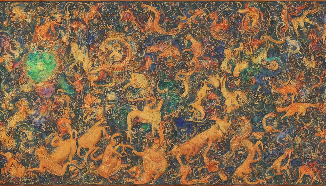 Image similar to realistic detailed photo rendered in octane 3d , human, sufi saint, or celestial rider guiding the magic. animal. such composite animal figures revealing a kaleidoscope of reptiles, mammals, birds, and amphibians could represent the internal unity of all beings through the successive, Indian Miniature Art Painting, late 80's, by Amano, Francis Bacon , Elizabeth Erickson, Kenny Schar, Robert Colescott painting, art by Takato Yamamoto. smooth shading, ultra detailed, high resolution, masterpiece. rendered in blender, deep colours, ultra realistic, cinematic, unreal 6