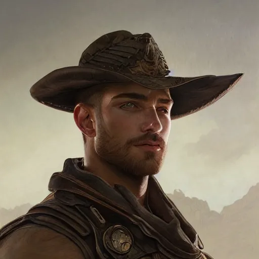 Prompt: portrait of a young, rugged ranger, handsome, muscular, half body, leather, smirk, fantasy, intricate, elegant, highly detailed, digital painting, artstation, concept art, smooth, sharp focus, illustration, art by artgerm and greg rutkowski and alphonse mucha
