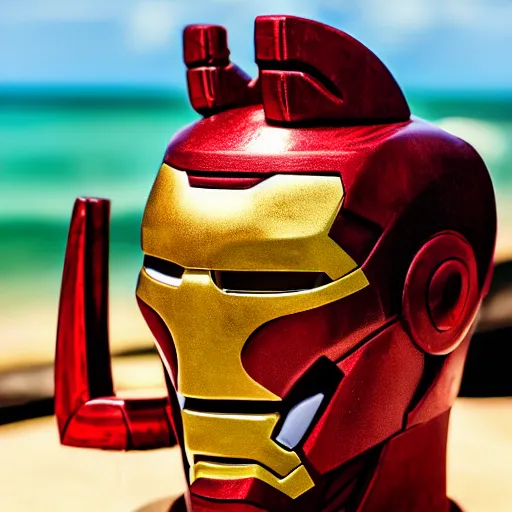 Image similar to a closeup photorealistic photograph of an iron man style tiki mug at a trader vic's beach bar featuring the face of iron man. tiki party. bright scene. fine detail. this 4 k hd image is trending on artstation, featured on behance, well - rendered, extra crisp, features intricate detail, epic composition and the style of unreal engine.