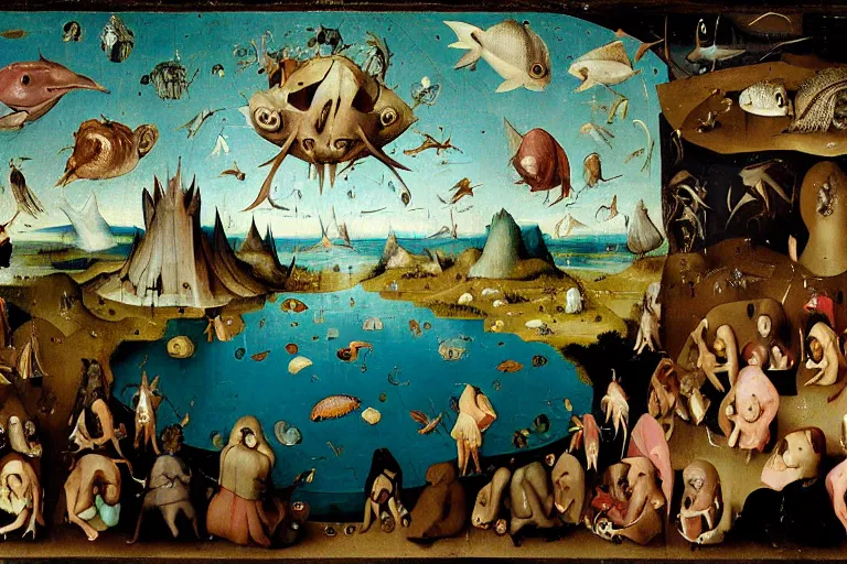 Prompt: a deep lake filled with fish people, dolphins, flippers hybrid half man half fish, lizards, toads, jumping flying and eating frogs, by hieronymus bosch