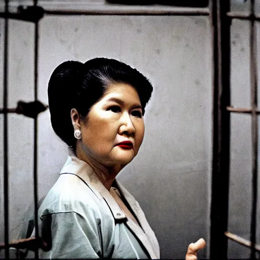 Image similar to imelda marcos in jail, behind bars, wearing an orange jumpsuit, dirty jail cell, award winning photograph by steve mccurry