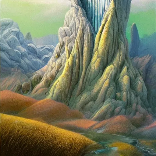 Image similar to beautiful scene from a dream. mountains. digital artwork by vincent bons, michael whelan, remedios varo and gerardo dottori. grainy and rough. interesting pastel colour palette. beautiful light. oil and water colour based on high quality render.
