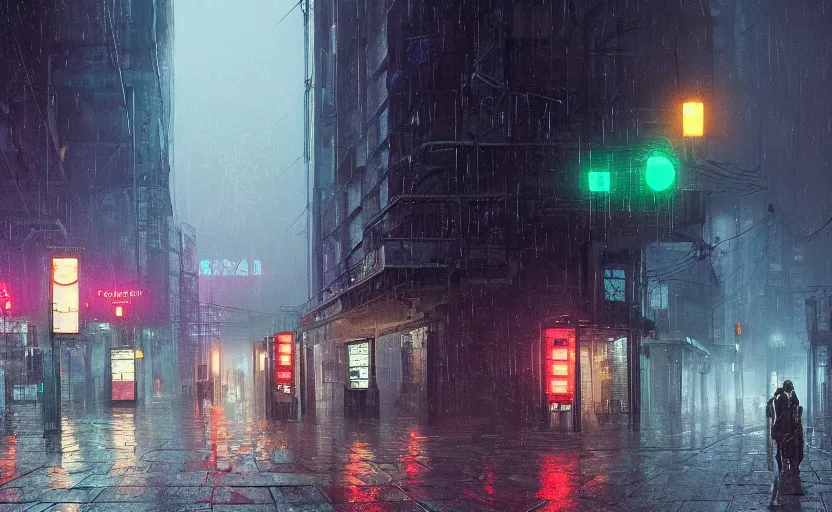 Prompt: A digital painting of a close-up view of a raining cyberpunk street, with four vending machines, some street lights and padestrians, by Ismail Inceoglu and Caspar David Friedrich, 4k, ue5, light effect, rtx on, realistic, cinematic, trending on artstation