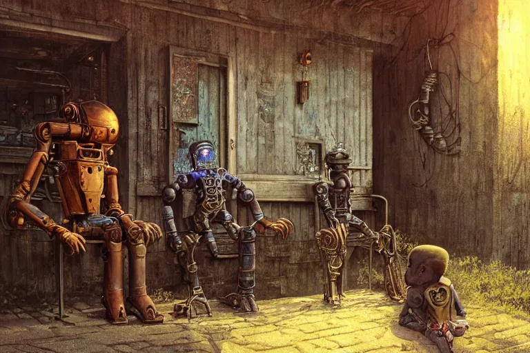 Prompt: close up of a big old rusty robot and a boy sitting and talking to each other on the porch of an old house, steampunk, neo goth, by jean giraud!!!, by artgerm, by greg rutkowski, by brian froud, by beksinski, octane render, hd, evening mood, dynamic lighting