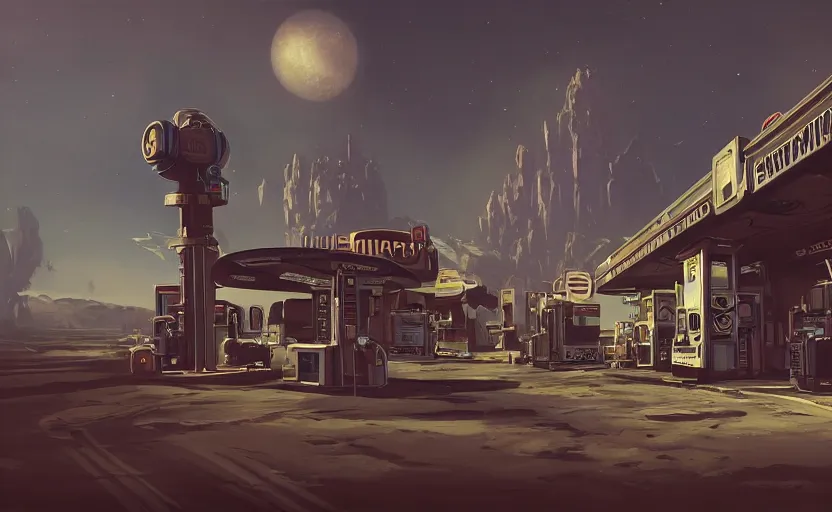 Image similar to gas station in space, 8 k, steampunk, hard edges, zoomed in, very coherent, sharp focus, rim light, exquisite lighting, hard edges, sci - fi, print, cinematic, game art, soft painting, trending on artstation