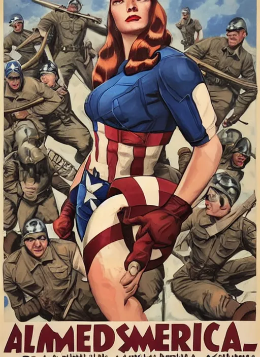 Prompt: beautiful female captain america standing on a pile of defeated, beaten and broken german soldiers. feminist captain america wins wwii. american wwii propaganda poster by james gurney and pixar. gorgeous face. long braids. overwatch.