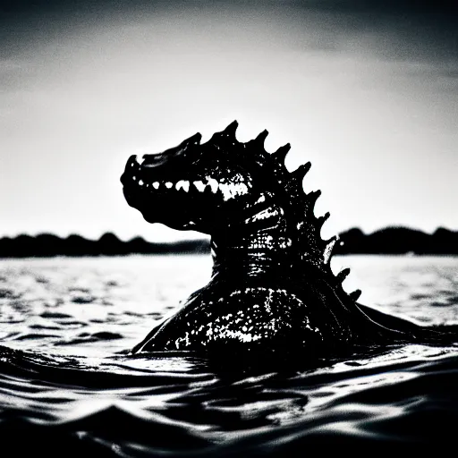 Prompt: a real life sea monster swimming in a lake, sight proof, black and white, blurry, old camera, grainy, motion blur, unfocused