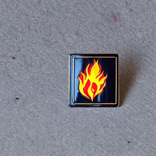 Image similar to a square enamel pin of a fire flames blaze label, smooth curves, behance