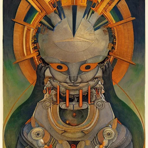 Image similar to the robot queen wearing her bird mask, by annie swynnerton and diego rivera and elihu vedder and lucien freud and jean delville, symbolist, dramatic lighting, elaborate geometric ornament, head and shoulders view, art brut, soft cool colors, smooth, sharp focus, extremely detailed, adolf wolfli, leo and diane dillon, nicholas roerich