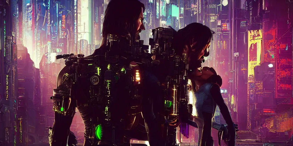 Image similar to a cyberpunk 2077 srcreenshot couple portrait of Keanu Reeves and a female android final kissed in night city,love,film lighting,by Lawrence Alma-Tadema,Andrei Riabovitchev,Laurie Greasley,Dan Mumford,John Wick,Speed,Replicas,artstation,deviantart,FAN ART,full of color,Digital painting,face enhance,highly detailed,8K,octane,golden ratio,cinematic lighting