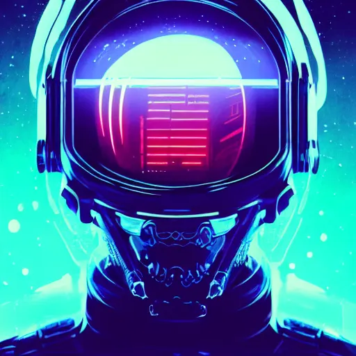 Prompt: close up Portrait of a Space Pirate in space, albator dark fantasy, intricate space helmet, elegant humanoid skull shape, highly detailed leds, digital cyberpunk analogue painting, artstation, VHS concept art, smooth neon glitch, sharp focus, ghost in the shell illustration, art by James Gilleard and Beeple and Sam Youn and Fernanda Suarez and Artem Demura and Alphonse Mucha