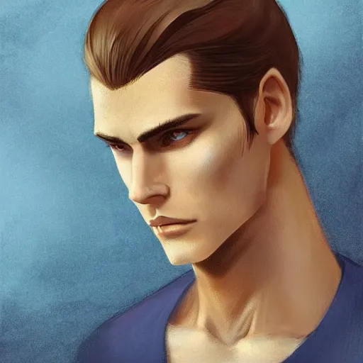 Image similar to a tall, lean man with light tan skin, blue eyes, and shoulder - length, slicked - back blonde hair combed down to the nape of his neck, long face with sunken cheeks and a well defined jawline, with vertical scars over his left eye, dressed casually, art by charlie bowater and artgerma