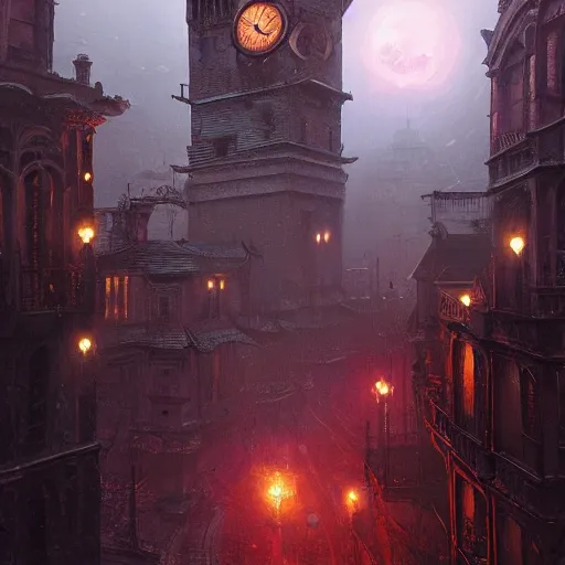 Prompt: A hyper detailed painting of an abandoned victorian era city at night, red moonlight shining on it from above, dark fantasy, an abandoned clock tower in the middle of the city, by Greg Rutkowski, trending on artstation