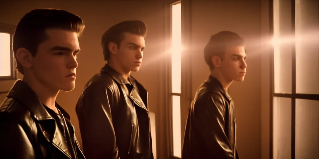 Prompt: the sunset's light beams through a window, tommy 1 8 years old, shoots revolvers with his brother rickey who is a tough 2 6 year old male, leather jackets, action pose, medium close up shot, depth of field, sharp focus, waist up, movie scene, anamorphic, costume art direction style from the movie the outsiders