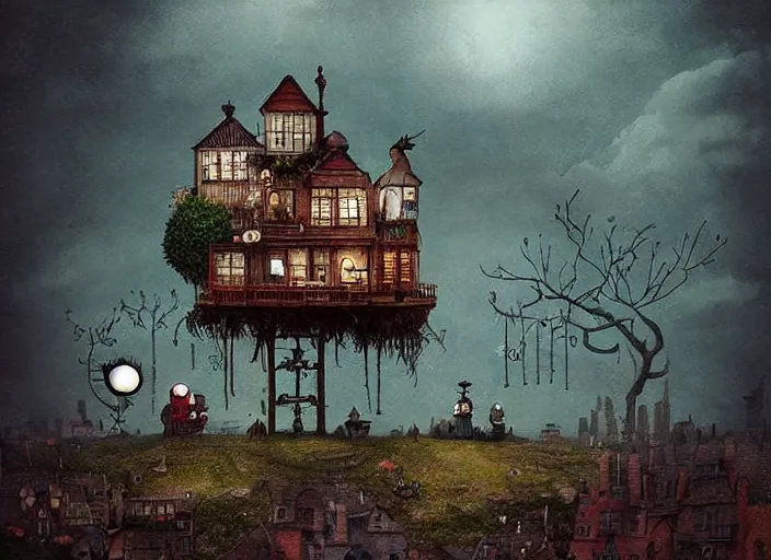 Image similar to ☕🍧🌆👴🏼, lowbrow, matte painting, in the style of alexander jansson,