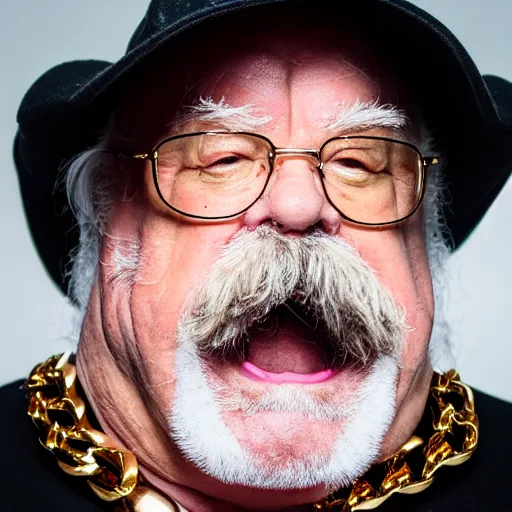 Image similar to dslr portrait photo still of!!! wilfred brimley!!! as a gangsta rapper with gold chains and gold teeth grills growling at camera and!!! showing his teeth!!!, 8 k, 8 5 mm f 1. 8