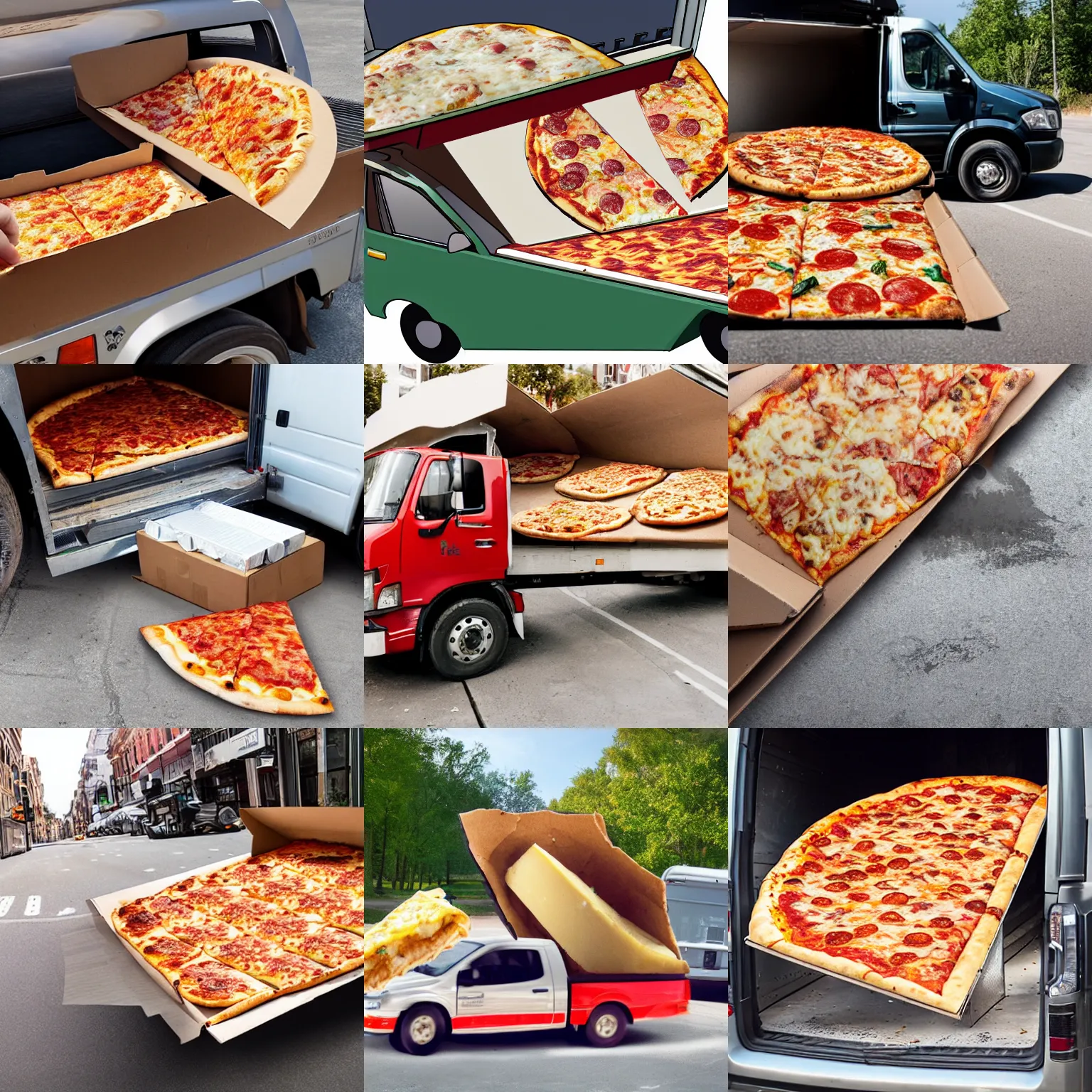 Prompt: a photo of a back truck opened filled to the brim with cheese pizza some on the ground, realistic