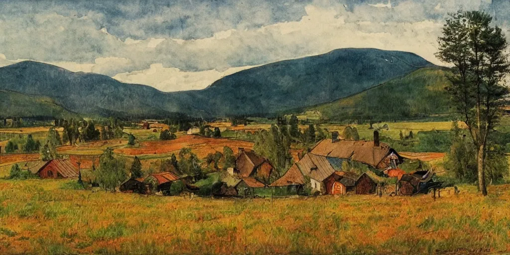 Image similar to dramatic swedish country side, mountains in the background, dramatic lighting, in the style of carl larsson