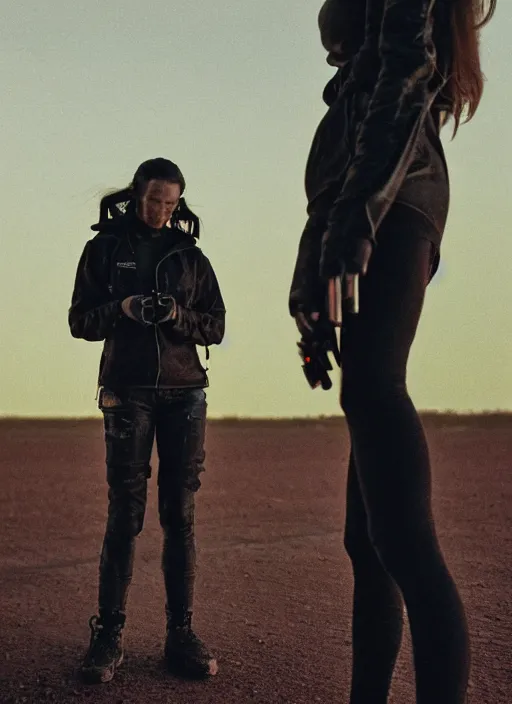Image similar to cinestill 5 0 d photographic portrait of two loving female androids wearing rugged black techwear on a desolate plain with a red sky, extreme closeup, lizard on ground, cyberpunk style, in front of a brutalist dark metal facility, dust storm, 3 5 mm, 8 k, hd, f / 3 2, high resolution, ultra realistic faces