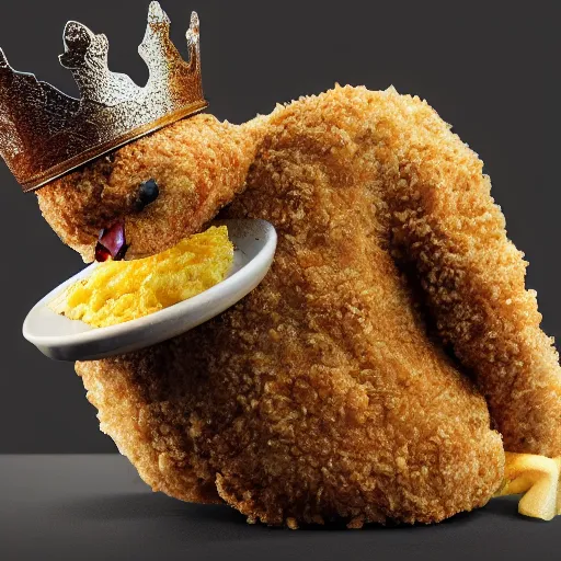 Image similar to standing breaded chicken with a crown of a king in top of it, holding a king staff, hyper realistic, 4k