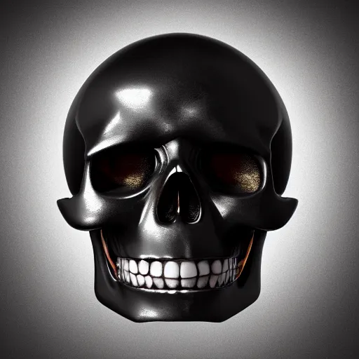 Prompt: high quality octane render of black skull made of black onyx and porcelain with golden teeth, 3d blender, corona render, digital art