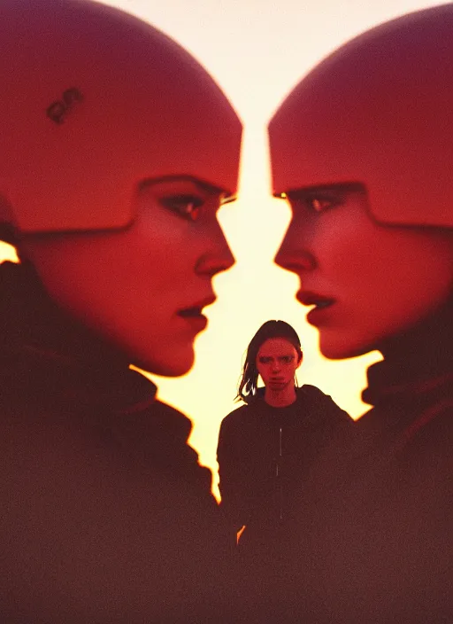 Image similar to cinestill 5 0 d photographic portrait of two loving female androids wearing rugged black techwear on a desolate plain with a red sky, extreme closeup, lizard on ground, cyberpunk style, in front of a brutalist dark metal facility, dust storm, 8 k, hd, high resolution, 3 5 mm, f / 3 2, ultra realistic faces